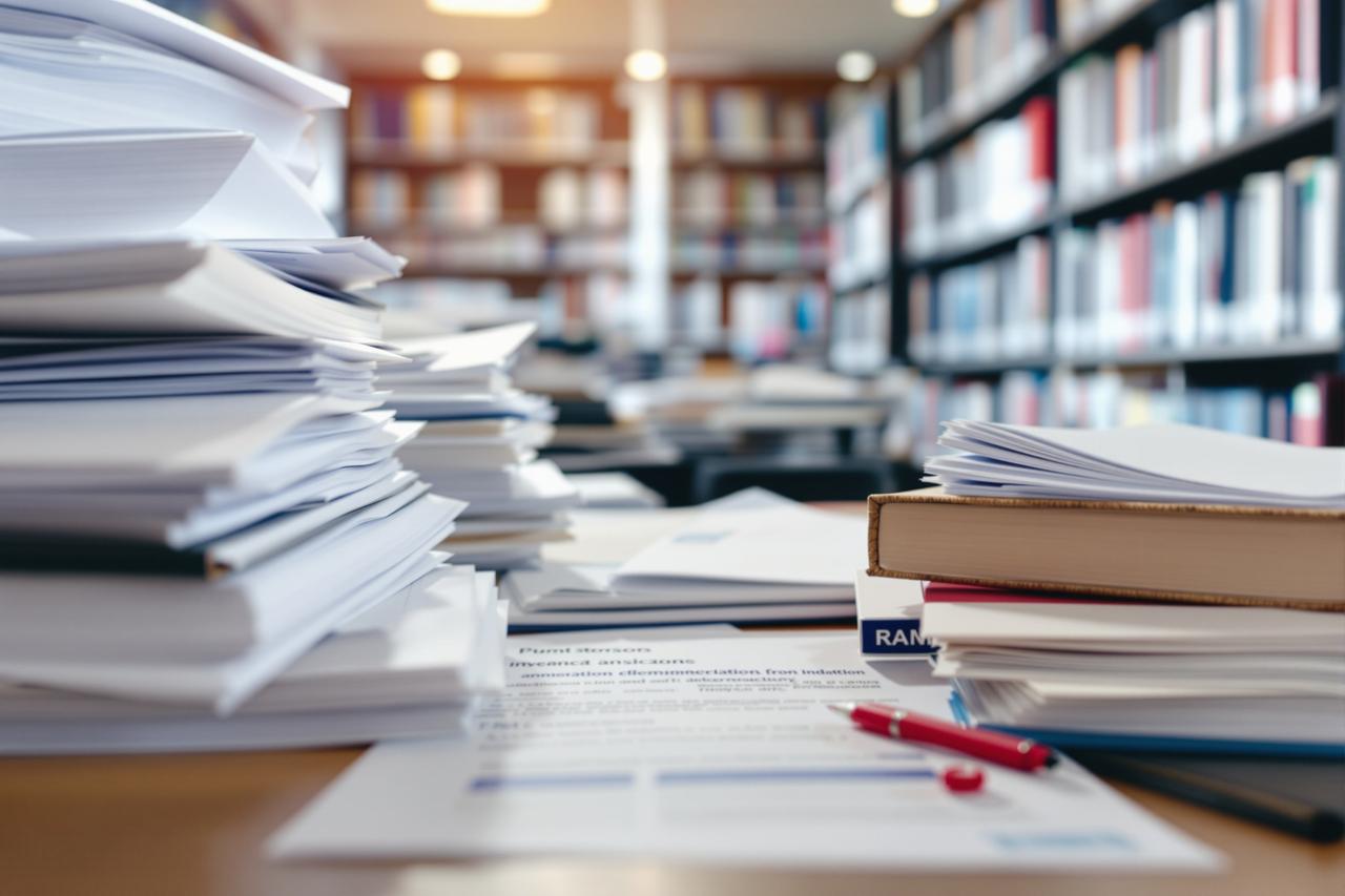 某著名高校教授涉嫌学术不端,多篇核心论文存在数据造假 大学图书馆中堆放的学术论文和文件照片